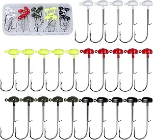 Mushroom Jig Heads 25 Pack – Weedless Ned Rig Jig Hooks for Bass Fishing, Round Shroom Jigs in 1/8oz 3/16oz 1/4oz Sizes