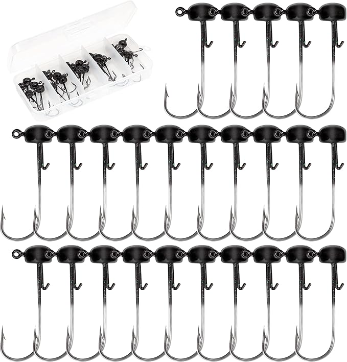 Mushroom Jig Heads 25 Pack – Weedless Ned Rig Jig Hooks for Bass Fishing, Round Shroom Jigs in 1/8oz 3/16oz 1/4oz Sizes