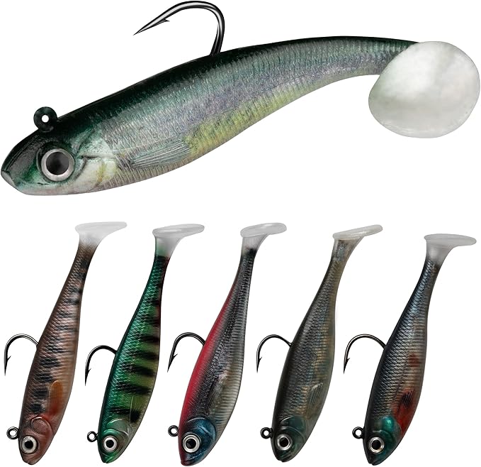 5/6Pcs Pre-Rigged Soft Plastic Lures, Paddle Tail Swimbait, Jig Heads for Bass, Walleye, Pike, Trout, Redfish Fishing
