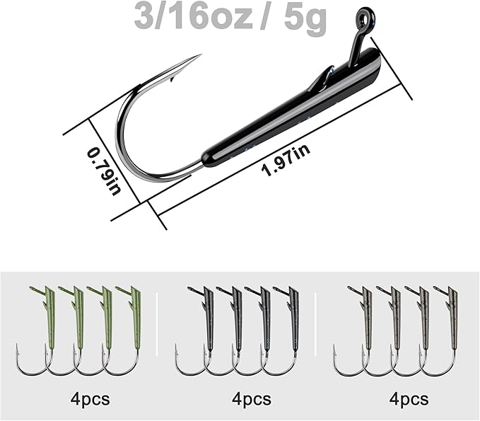 12Pcs Ozark Rig Hover Rig Finesse Fishing Lure – Weedless Texas-Rig Hidden Hook Jig Heads, Slow Horizontal Glide Bait 3/16oz,1/4oz