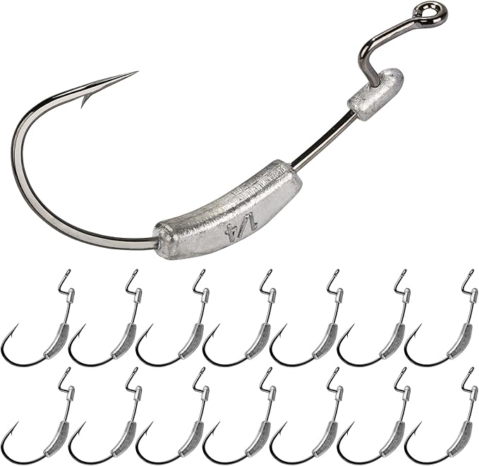 15 Pcs Weighted EWG Worm Hook, Weedless Fishing Swimbait Hooks Bass Fishing Freshwater Saltwater Assorted 1/8oz 3/16 1/4oz