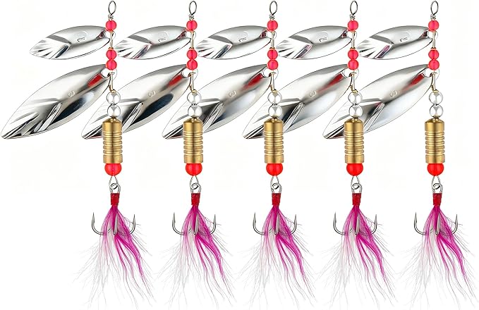5Pcs Spinner Bait with Feathered Rooster Tail Treble Hook, Sequin Rotation Fishing Lure Baits for Bass Pike Trout Salmon 1/3oz
