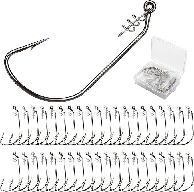 30pcs Twistlock Bass Fishing Hooks – Weedless Swimbait Design with Centering Spring Pin for Soft Plastic Lures 1/0 2/0 3/0 4/0 5/0