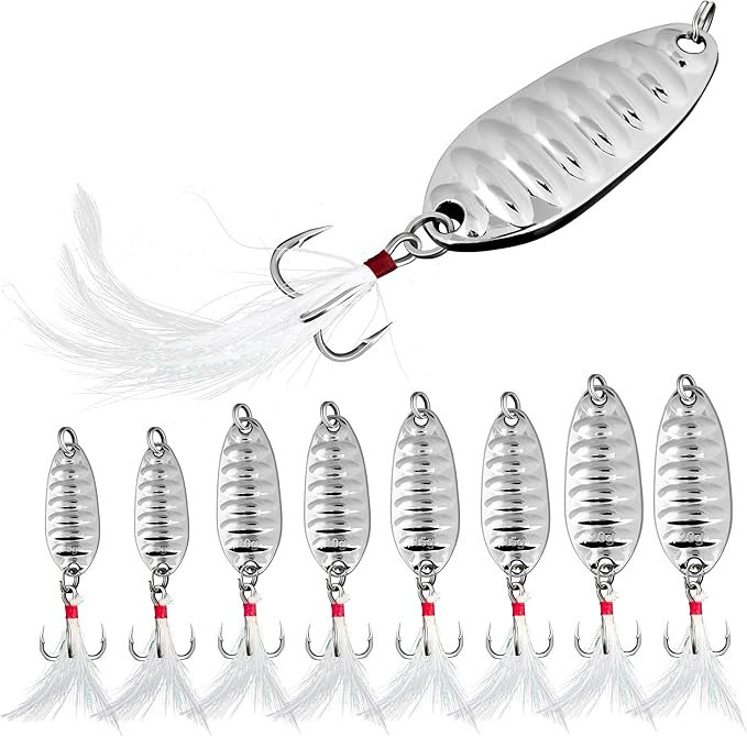 8Pcs Fishing Spoons with Rooster Tail Treble Hooks, Spinner Bait Kit for Bass Salmon Trout 3/16oz 3/8oz 1/2oz 3/4oz