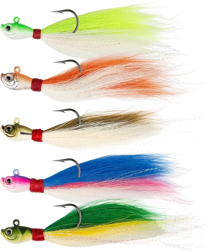 5Pcs Bucktail Hair Jigs – Hand-Tied Jig Head Hook Buck Tail for Bass Striper Bluefish 1/2oz 1oz 2oz