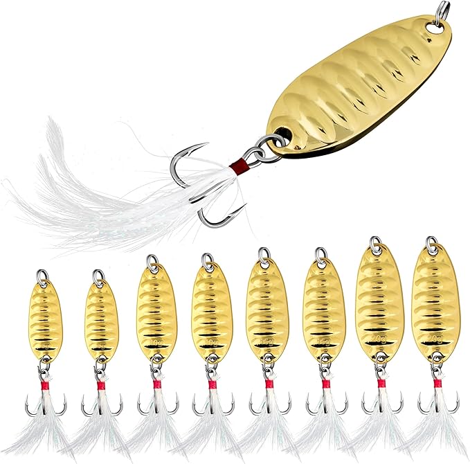 8Pcs Fishing Spoons with Rooster Tail Treble Hooks, Spinner Bait Kit for Bass Salmon Trout 3/16oz 3/8oz 1/2oz 3/4oz