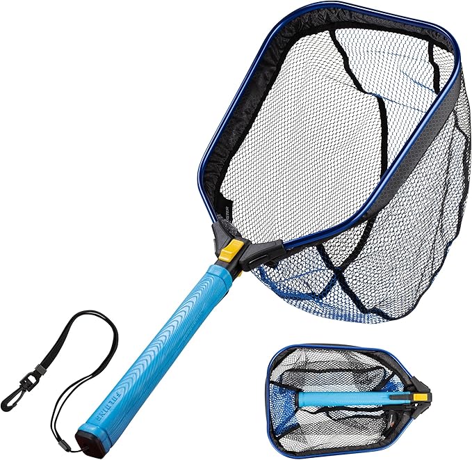 Foldable Floating Kayak Fly Fishing Landing Net for Trout, Catfish, Bass – Catch and Release Fish Net with EVA Foam Handle & Fish-Friendly Mesh for Safe Release, Blue