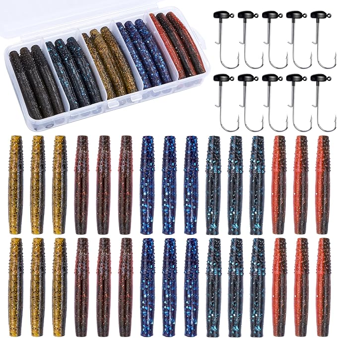 Soft Plastic Worm Fishing Lures Kit, Finesse TRD Stick Worms and Ned Rig Baits with Jig Heads for Bass Fishing, Freshwater Bass Soft Baits